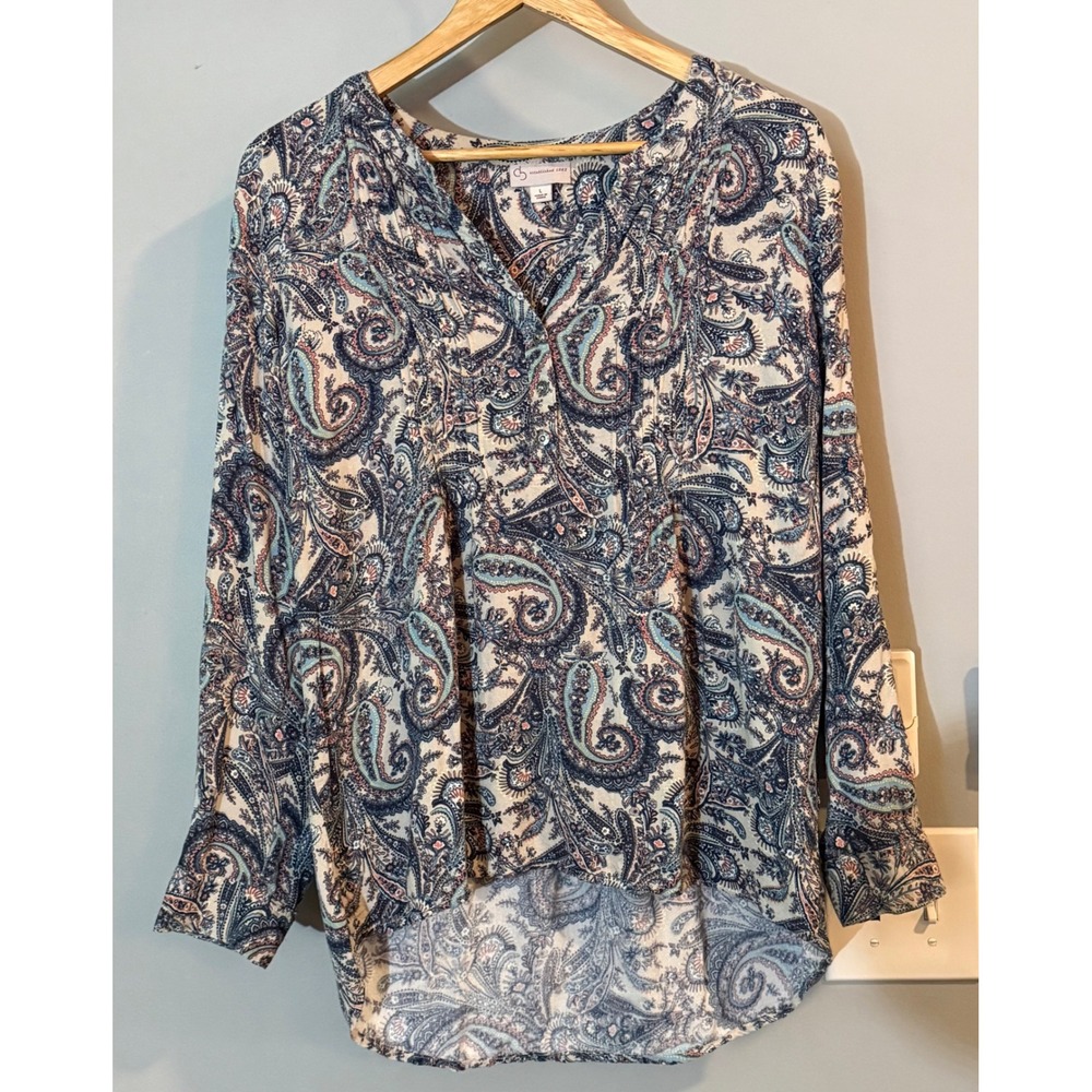 C.J. Banks Blouse Women Large Blue Pink Paisley High Low Hem Boho Rayon Top